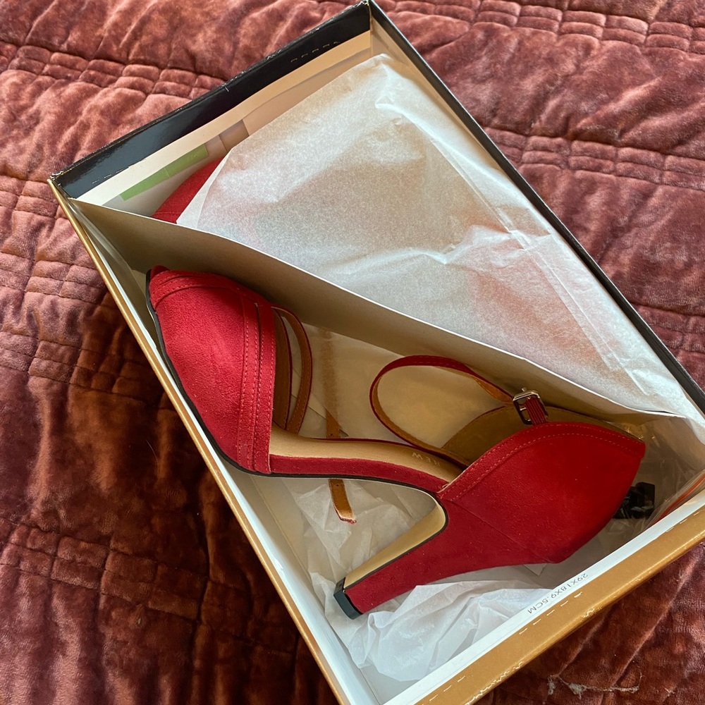 Chelsea Crew Lilian Red Retro Peep Toe Ankle Strap Heels